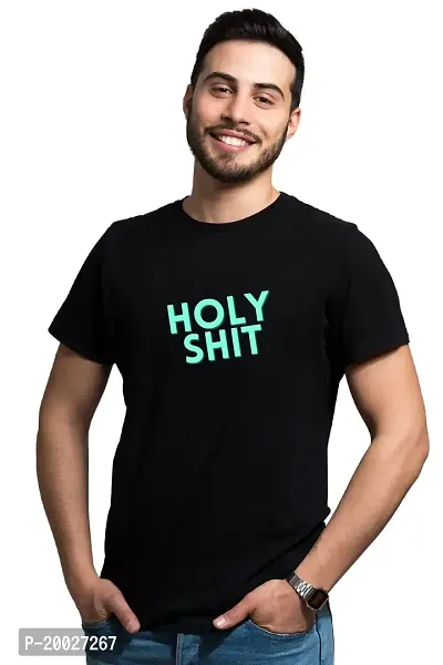 NO CUFF Men's Black Regular Fit Half Sleeve Round Neck Printed T-Shirt (Holy Shit)-thumb0