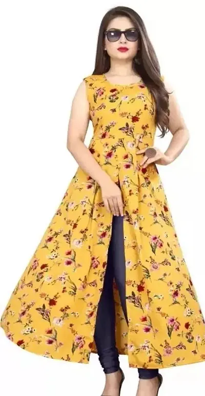 Stylish Yellow Crepe Stitched Kurta For Women