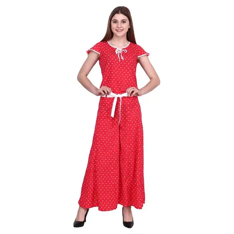 POPWINGS Casual Polyester Red Polka Dot Printed Flared Palazzo with Belt & Short Sleeves Keyhole Neck Regular top Set for Womens, (Jumpsuit)