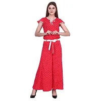 POPWINGS Casual Polyester Red Polka Dot Printed Flared Palazzo with Belt & Short Sleeves Keyhole Neck Regular top Set for Womens, (Jumpsuit)-thumb1