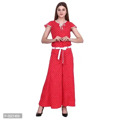 POPWINGS Casual Polyester Red Polka Dot Printed Flared Palazzo with Belt & Short Sleeves Keyhole Neck Regular top Set for Womens, (Jumpsuit)-thumb2