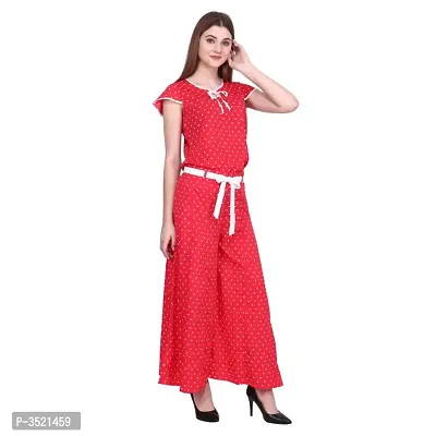 POPWINGS Casual Polyester Red Polka Dot Printed Flared Palazzo with Belt & Short Sleeves Keyhole Neck Regular top Set for Womens, (Jumpsuit)-thumb5