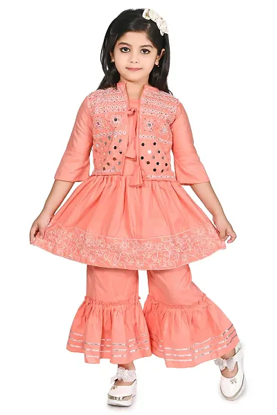 JYT Girls Cotton Embroidered With Mirror Work Kurta Dress And Sharara/Gharara suit (4-5 yrs, Peach)