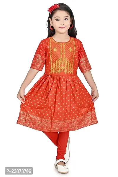 JY Traders Girls Cotton Golden Zari Work With Printed 3/4SDleeves Kurta Dress And Leggings Set (5-6 Years, Red)-thumb0