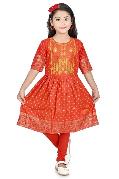 JY Traders Girls Zari Work With 3/4SDleeves Kurta Dress And Leggings Set (5-6 Years, Red)