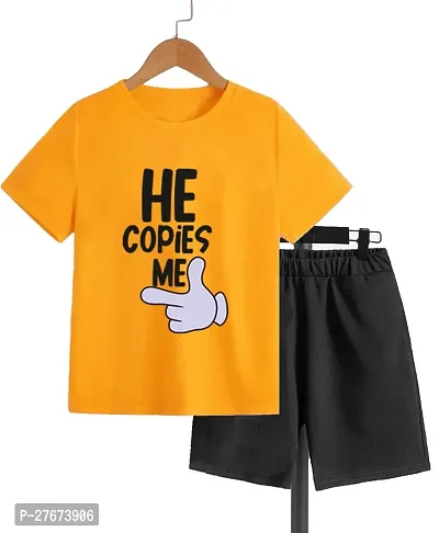 Fabulous Yellow Cotton Blend Printed T-Shirts with Shorts For Boys-thumb0