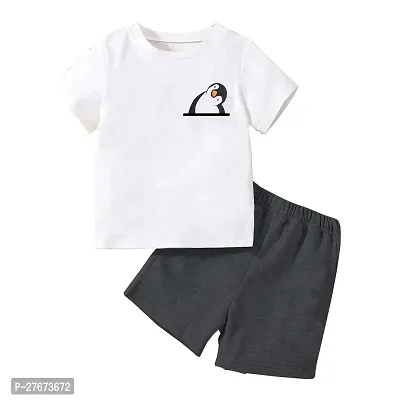 Fabulous White Cotton Blend Printed T-Shirts with Shorts For Boys