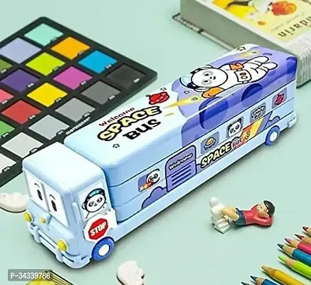 School Bus Pencil Box (Blue Color) Geometry Box with Sharpener Cartoon Printed Dual Compartment Space Bus AD-thumb5