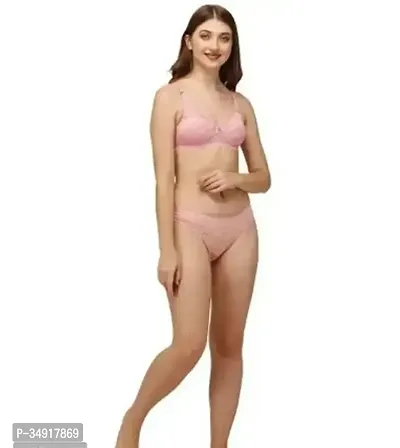 Stylish Pink Solid Bra and Panty Set For Women-thumb0