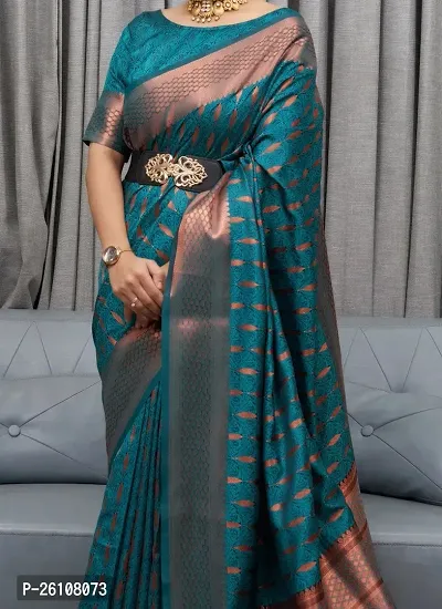 Stylish Fancy Designer Teal Banarasi Silk Saree With Blouse Piece For Women