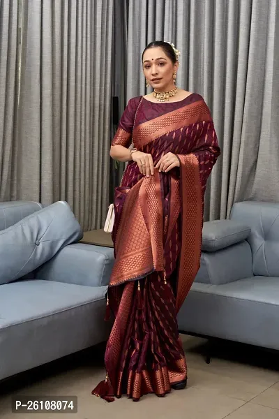 Stylish Fancy Designer Maroon Banarasi Silk Saree With Blouse Piece For Women