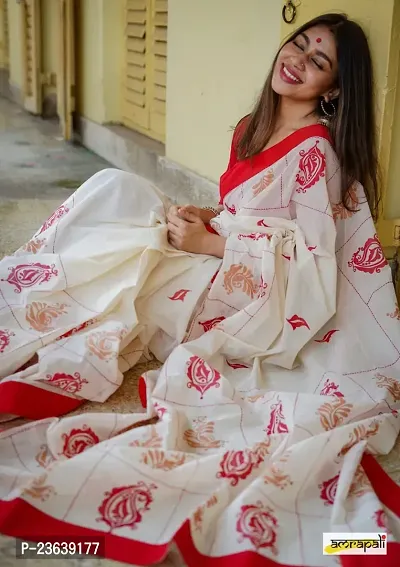 Stylish Cotton White Printed Saree with Blouse piece-thumb0
