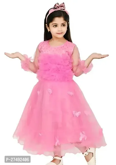 Fabulous Pink Net Embellished A-Line Dress For Girls