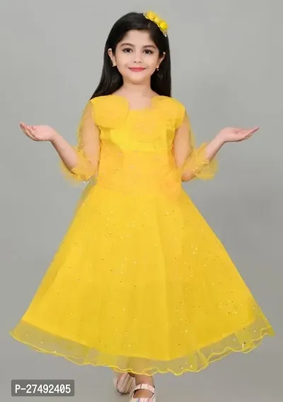 Fabulous Yellow Net Embellished A-Line Dress For Girls