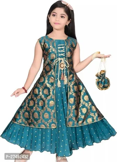Fabulous Teal Cotton Blend Embroidered Ethnic Dress For Girls