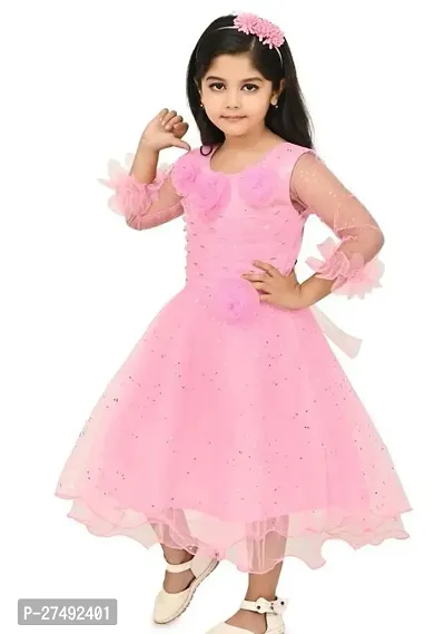 Fabulous Pink Net Embellished A-Line Dress For Girls-thumb0