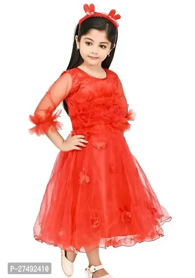 Fabulous Red Net Embellished A-Line Dress For Girls