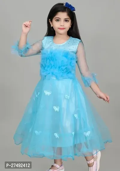 Fabulous Sky Blue Net Embellished A-Line Dress For Girls