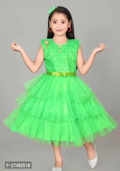 Fabulous Green Net Embellished A-Line Dress For Girls