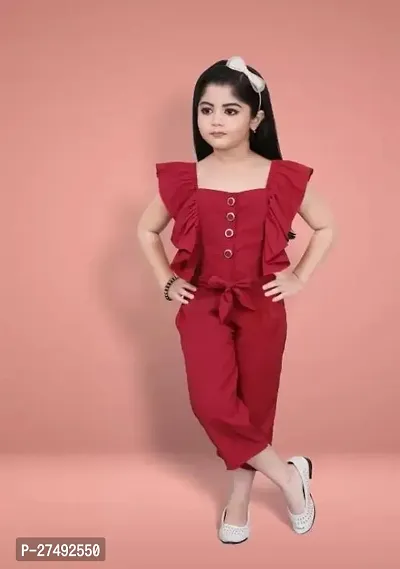 Fabulous Maroon Cotton Blend Solid Basic Jumpsuit For Girls