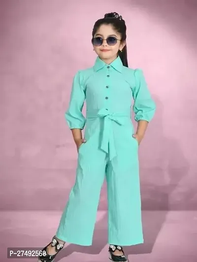 Fabulous Turquoise Cotton Blend Solid Basic Jumpsuit For Girls