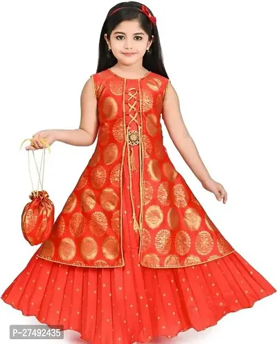 Fabulous Red Cotton Blend Embroidered Ethnic Dress For Girls