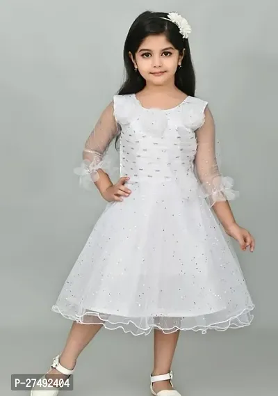 Fabulous White Net Embellished A-Line Dress For Girls-thumb0