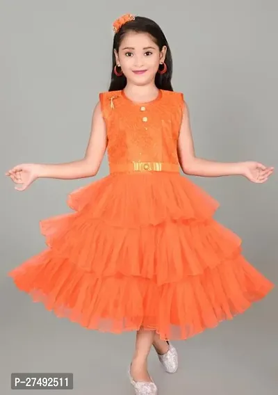 Fabulous Orange Net Embellished A-Line Dress For Girls