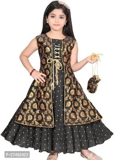 Fabulous Black Cotton Blend Embroidered Ethnic Dress For Girls