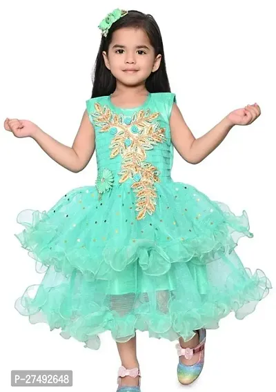 Fabulous Turquoise Net Embellished A-Line Dress For Girls