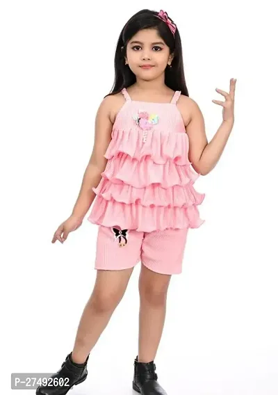 Fabulous Pink Cotton Blend Solid Two Piece Dress For Girls-thumb0