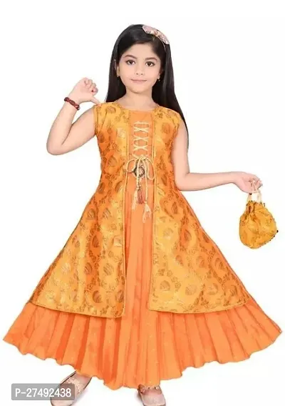 Fabulous Orange Cotton Blend Embroidered Ethnic Dress For Girls