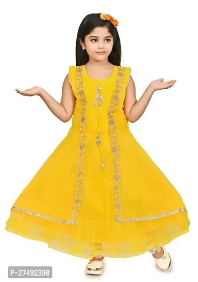 Fabulous Yellow Net Embellished A-Line Dress For Girls