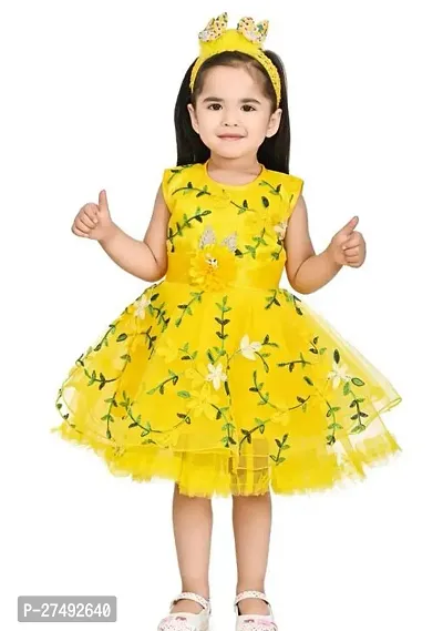 Fabulous Yellow Net Printed A-Line Dress For Girls