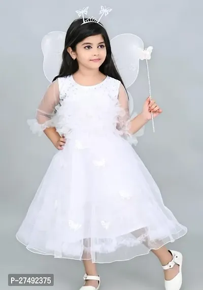 Fabulous White Net Embellished A-Line Dress For Girls