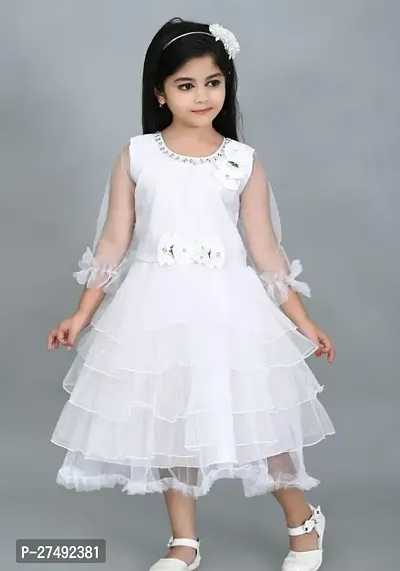 Fabulous White Net Embellished A-Line Dress For Girls-thumb0