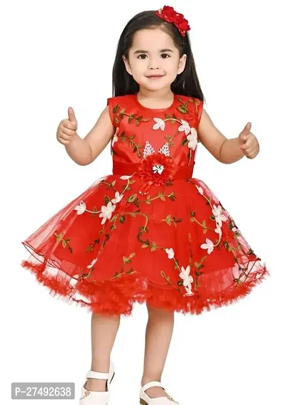 Fabulous Red Net Embellished A-Line Dress For Girls