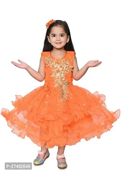 Fabulous Orange Net Embellished A-Line Dress For Girls-thumb0