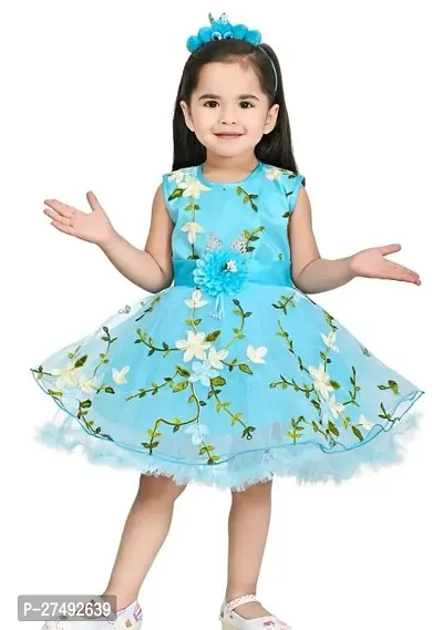 Fabulous Sky Blue Net Embellished A-Line Dress For Girls-thumb0