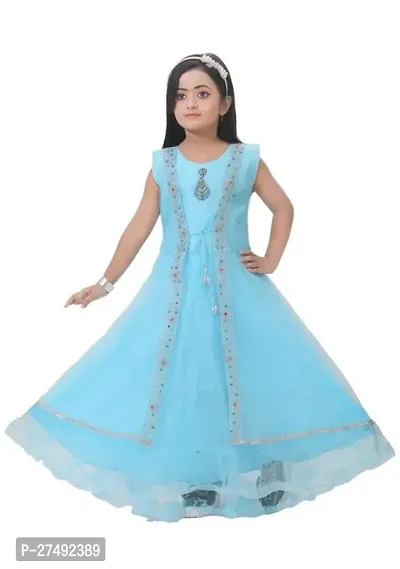 Fabulous Sky Blue Net Embellished A-Line Dress For Girls