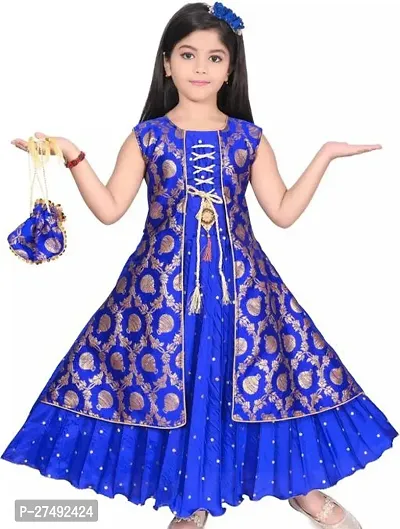 Fabulous Blue Cotton Blend Embroidered Ethnic Dress For Girls