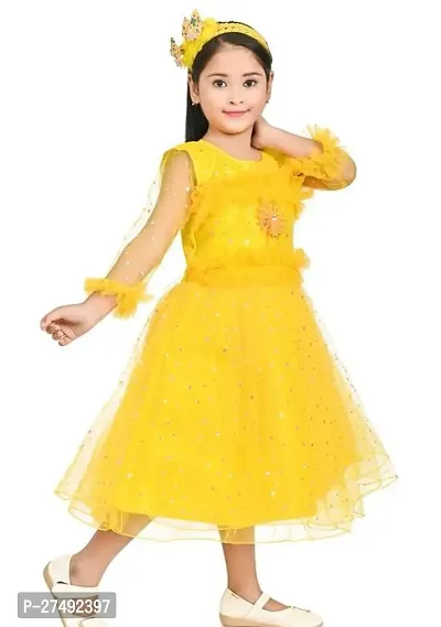 Fabulous Yellow Net Embellished A-Line Dress For Girls