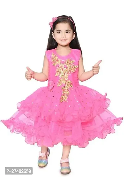 Fabulous Pink Net Embellished A-Line Dress For Girls