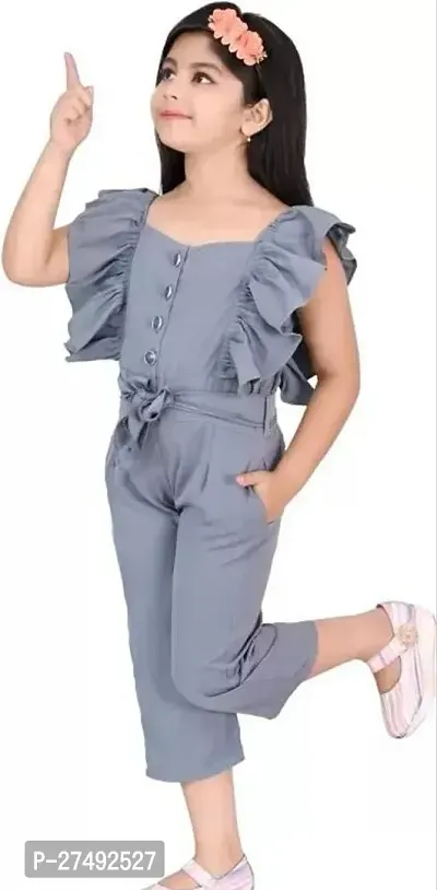 Fabulous Grey Cotton Blend Solid Basic Jumpsuit For Girls