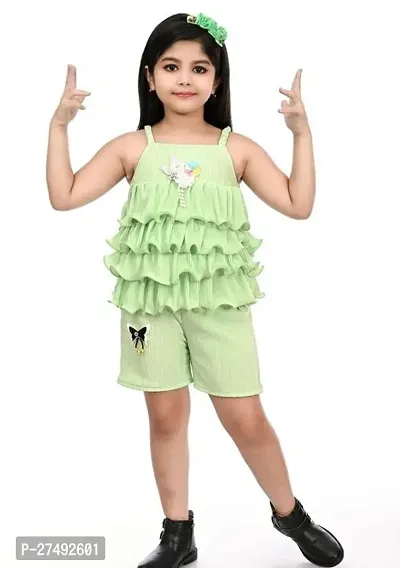 Fabulous Green Cotton Blend Solid Two Piece Dress For Girls