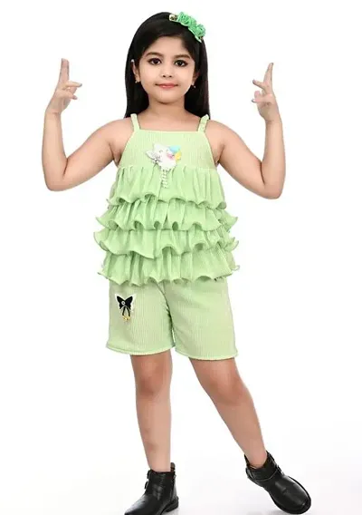 Fabulous Green Cotton Blend Solid Two Piece Dress For Girls
