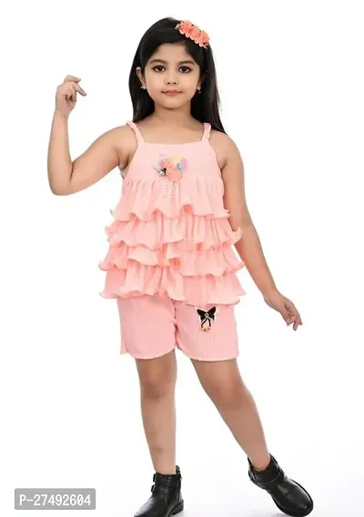 Fabulous Pink Cotton Blend Solid Two Piece Dress For Girls
