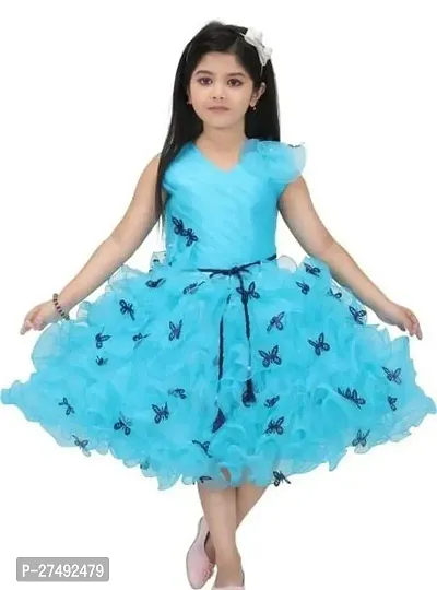 Fabulous Sky Blue Net Embellished A-Line Dress For Girls-thumb0