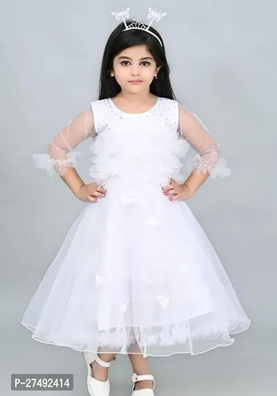 Fabulous White Net Embellished A-Line Dress For Girls