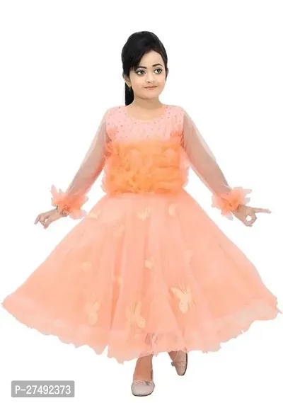 Fabulous Peach Net Embellished A-Line Dress For Girls